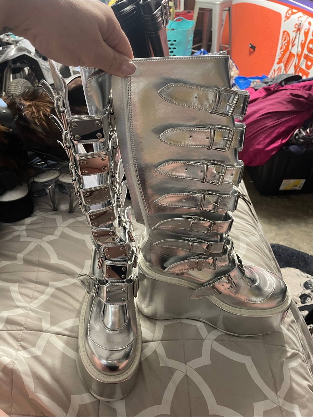 Demonia Metallic Silver Multi-Buckle Platform Knee Boots